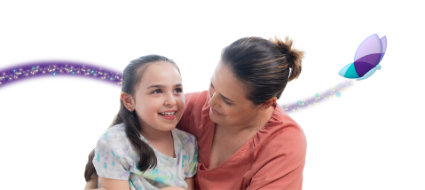 Clare, age 8, living with Rett syndrome, with her mom